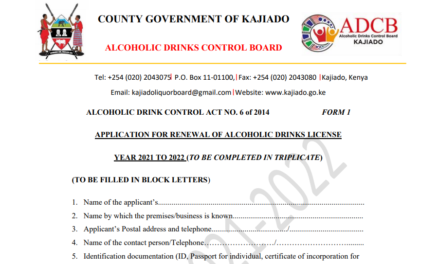LIQUOR LICENSE APPLICATION FORM FOR FINANCIAL YEAR 2021/ 2022.